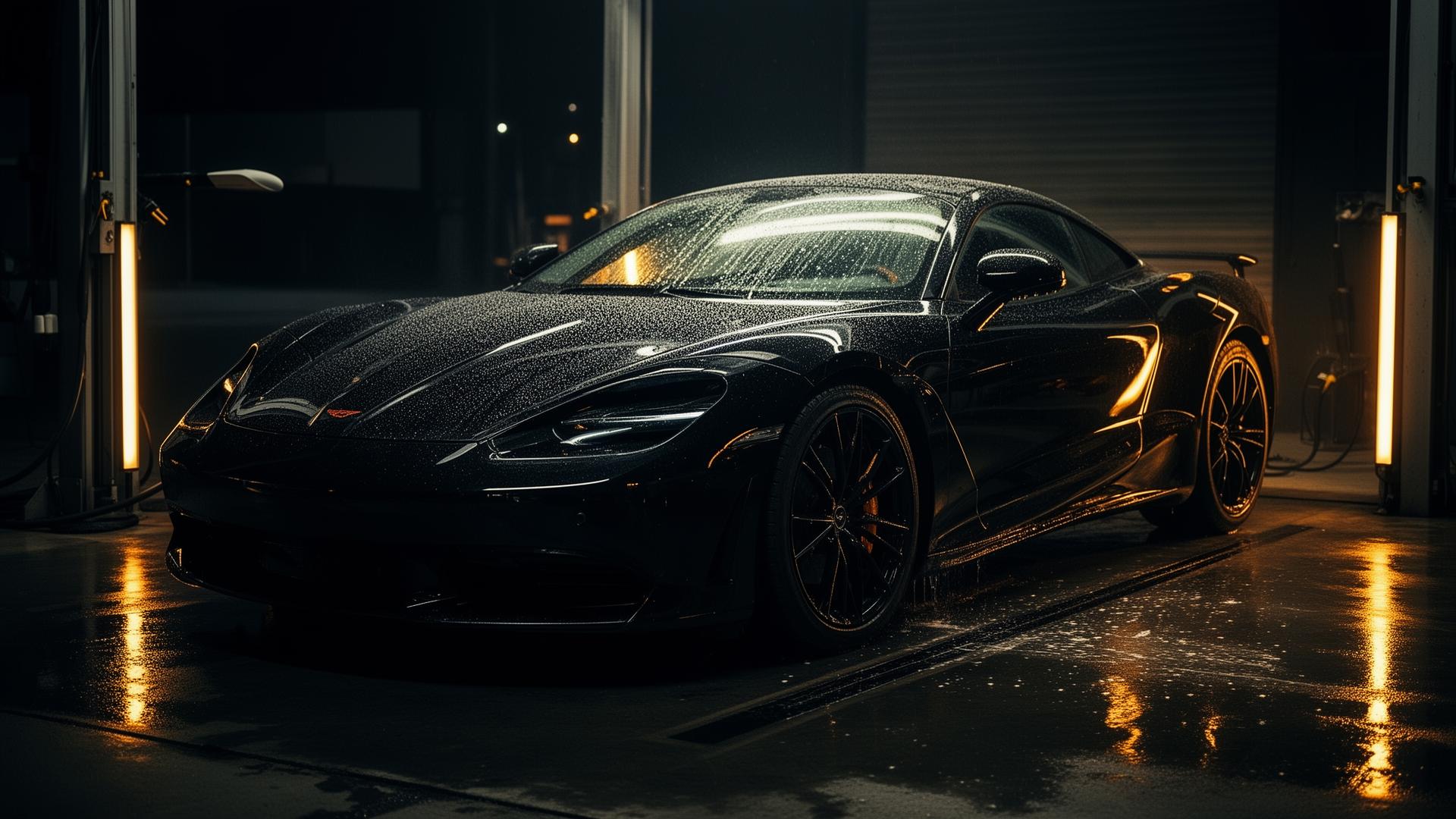 Luxury black sports car being professionally detailed